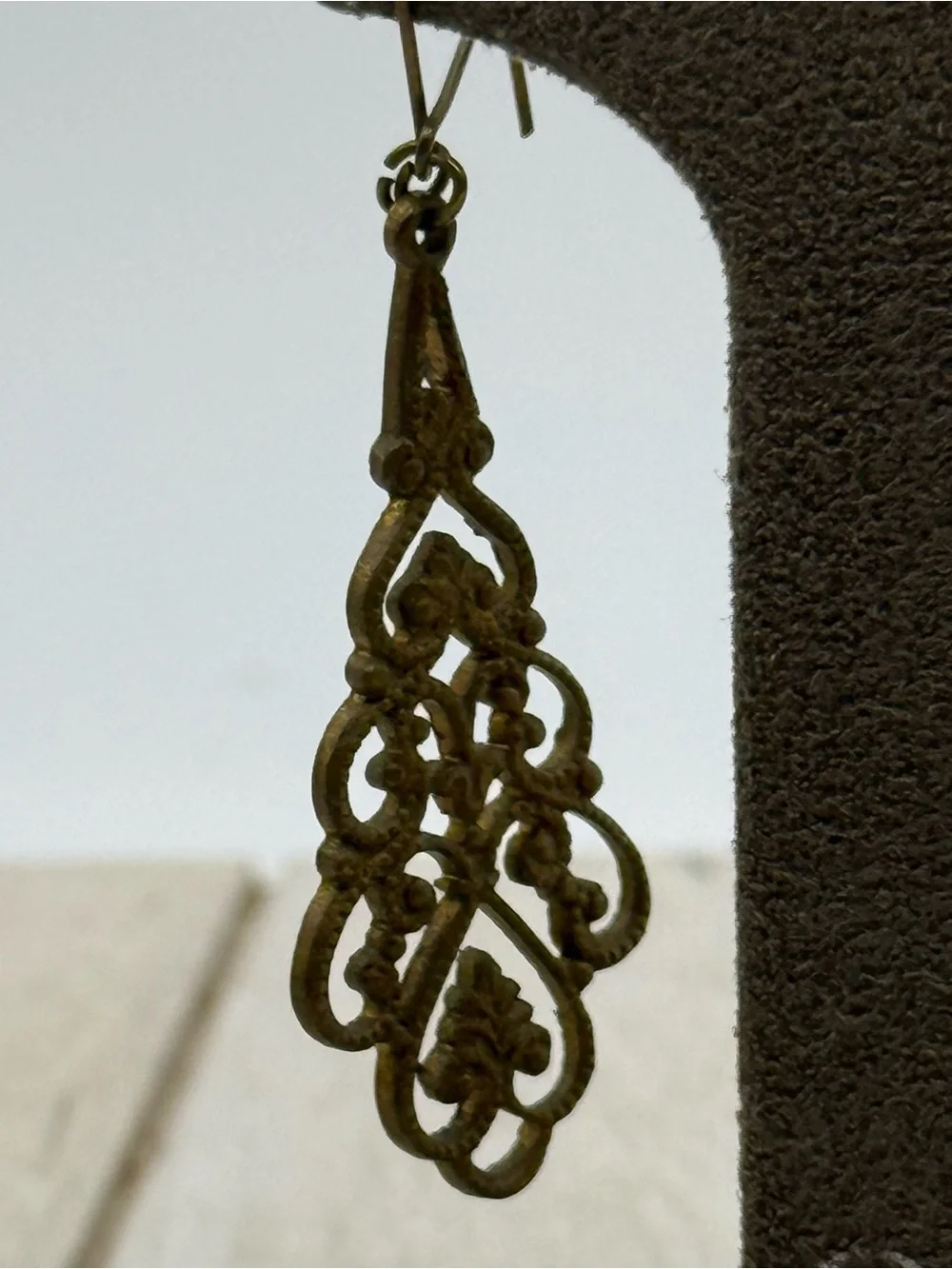 Brown Delicate Filigree Drop Earrings Brass Tone